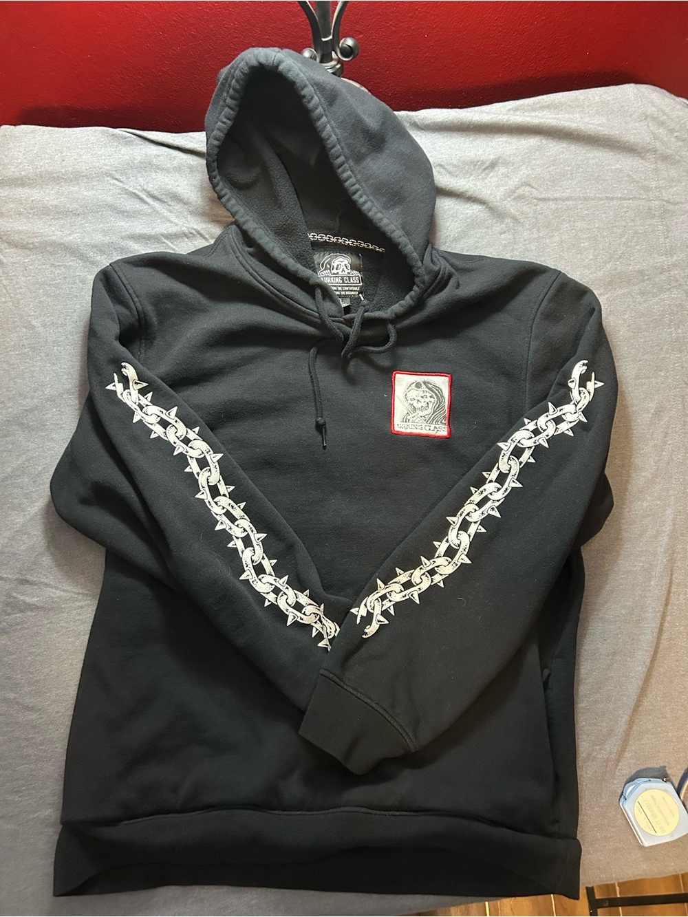 Lurking Class Black Graphic Barbed-Wire Pullover Hoodie with Chest Patch